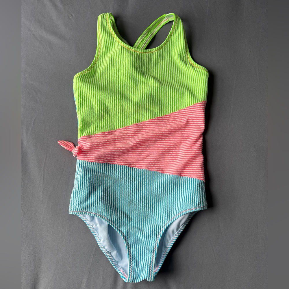 Lands End Girls 10 Swimsuit One Piece Seersucker